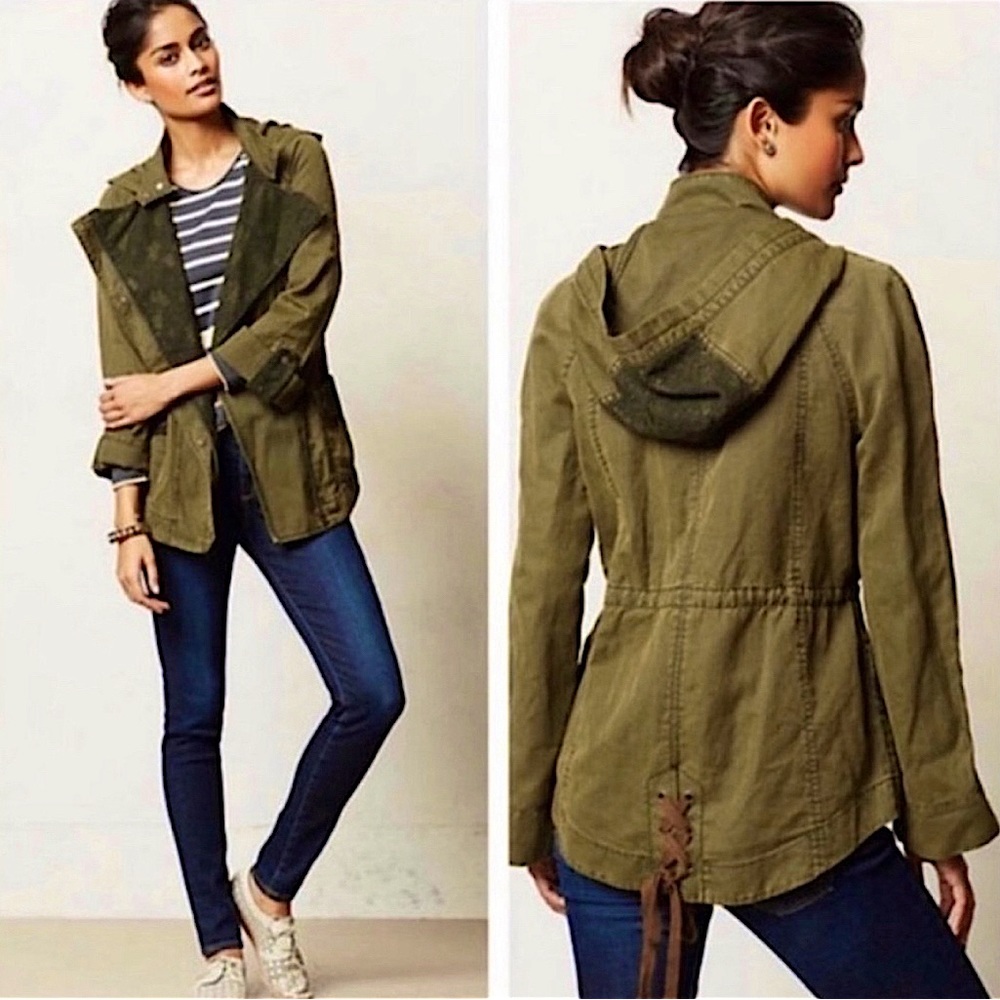 Anthropologie Hei Hei Jacket Womens Hooded Utility Parka Lace Trim Green
